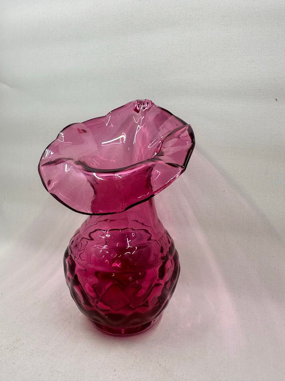 Vtg Cranberry Fenton Glass- Jack in the Pulpit Diamond Pattern Vase